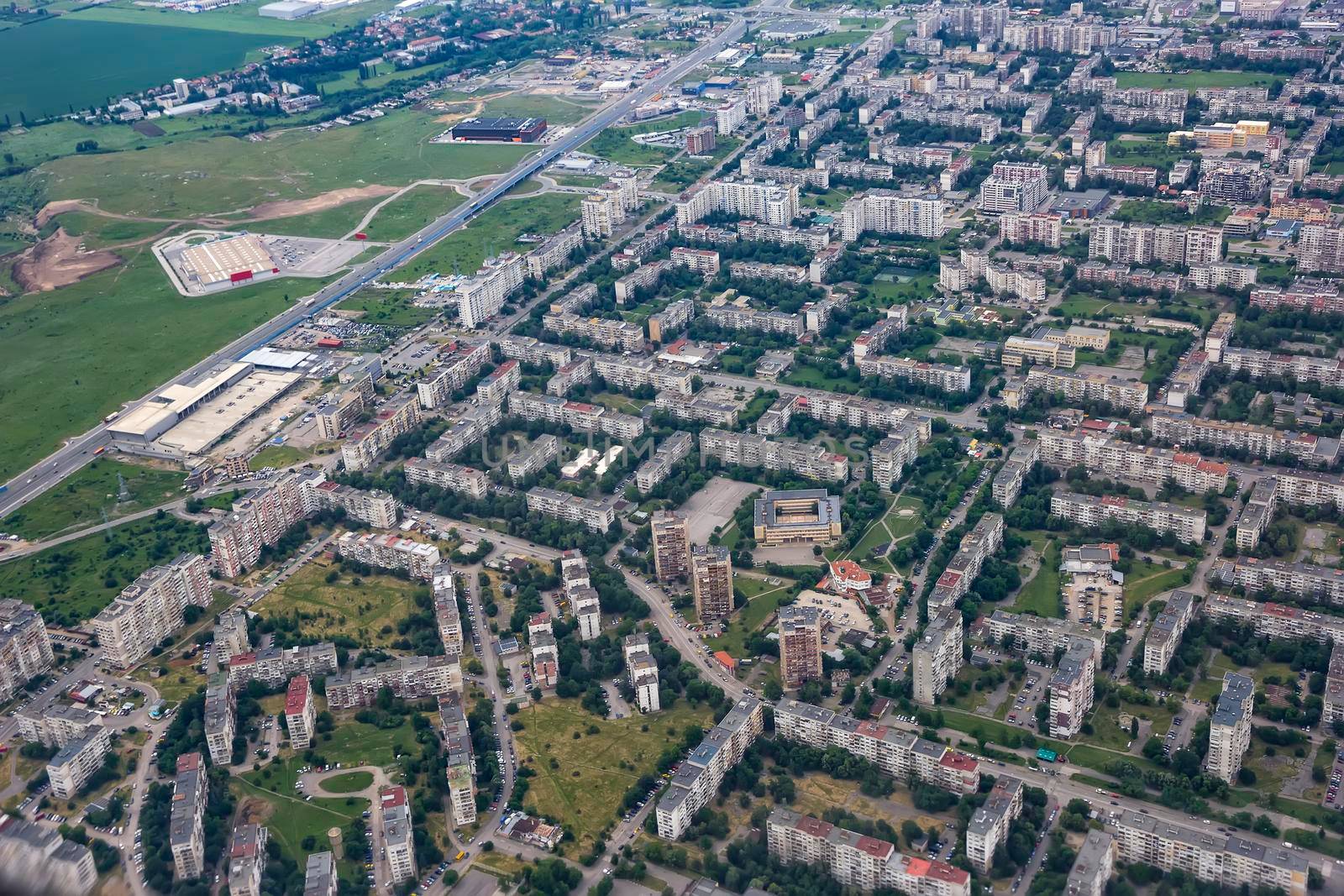 Aerial view landscape of district from Sofia city Bulgaria. View from air plane.