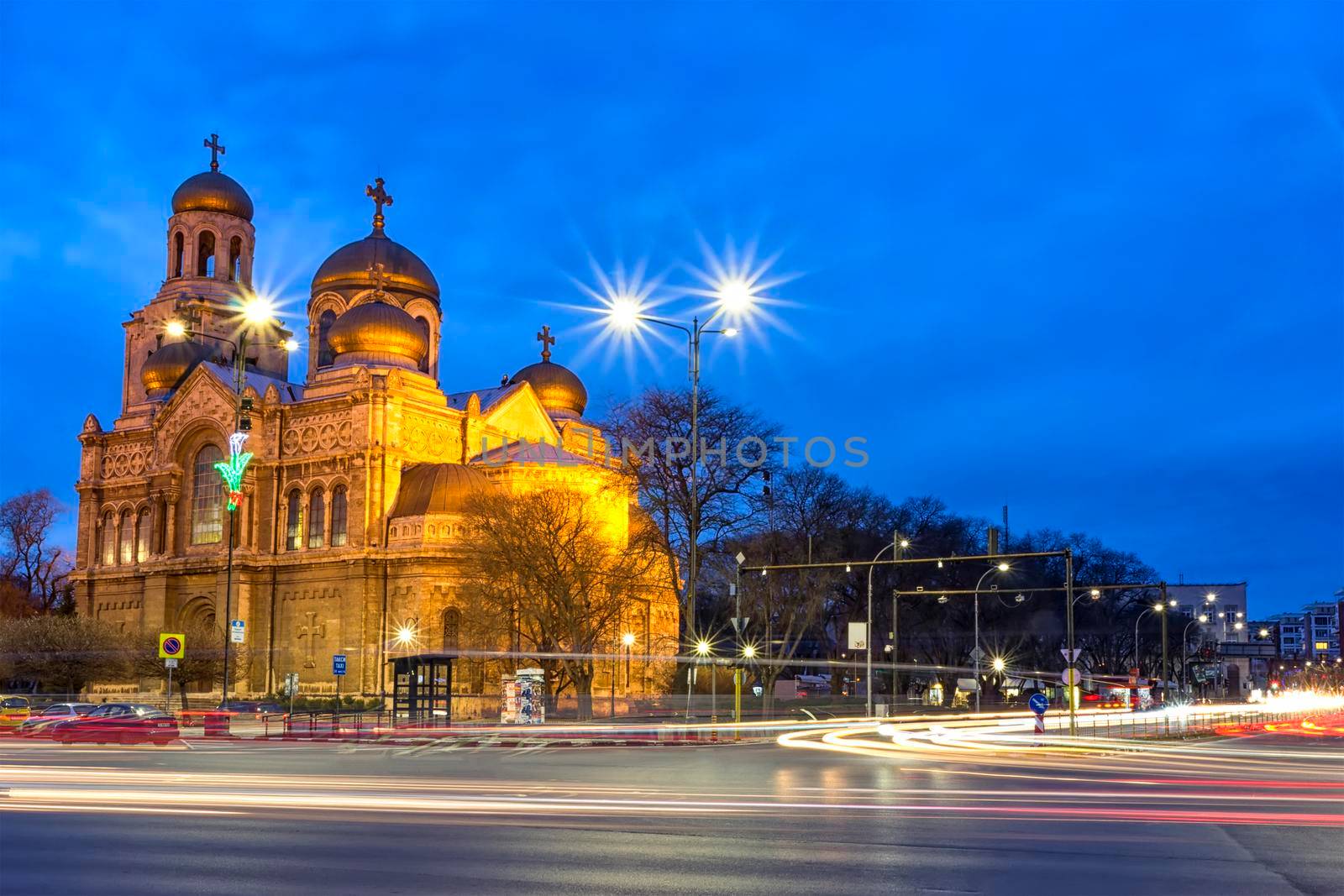 At night the Cathedral of the Assumption in Varna. illuminated at night.one of the landmarks of Varna, Bulgaria.