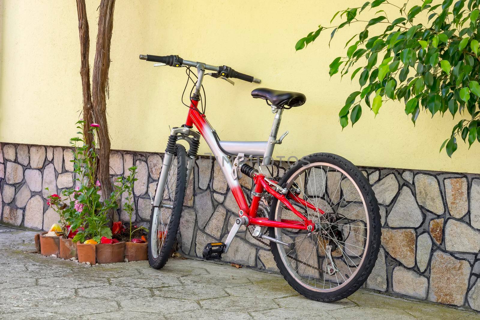 A bicycle stands against the wall in the yard of a house . Conceptual image of a healthy lifestyle and environmental form of transport