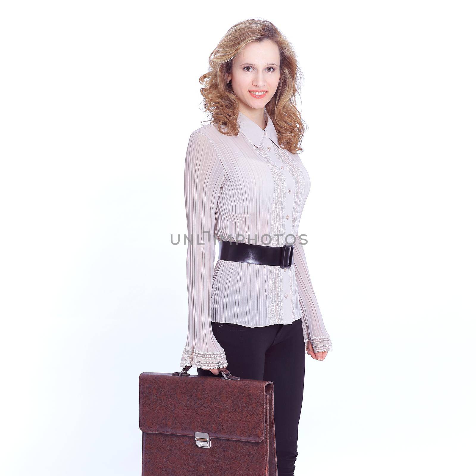 confident business woman with leather briefcase.isolated on white background