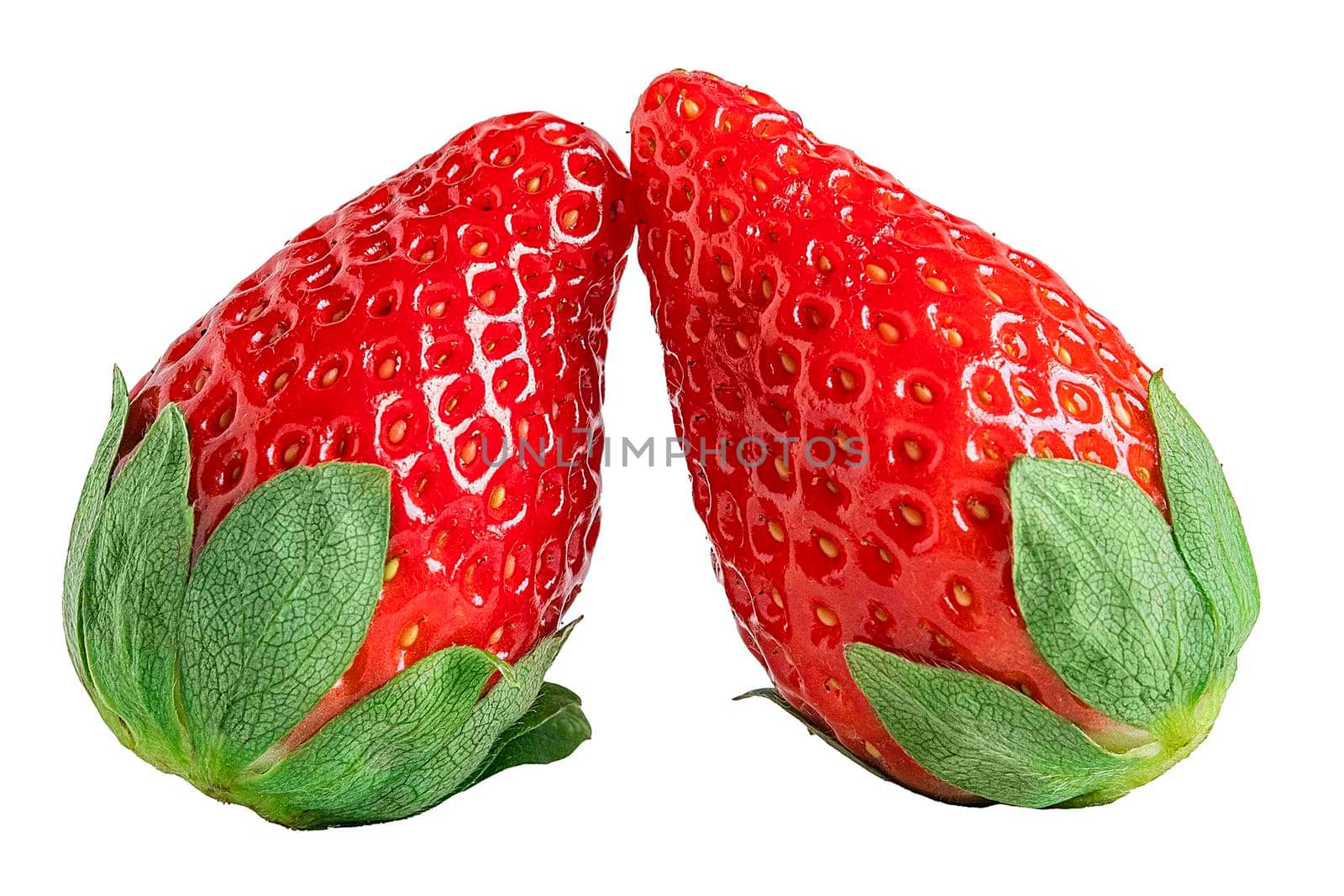 Two strawberries close up isolated on white background