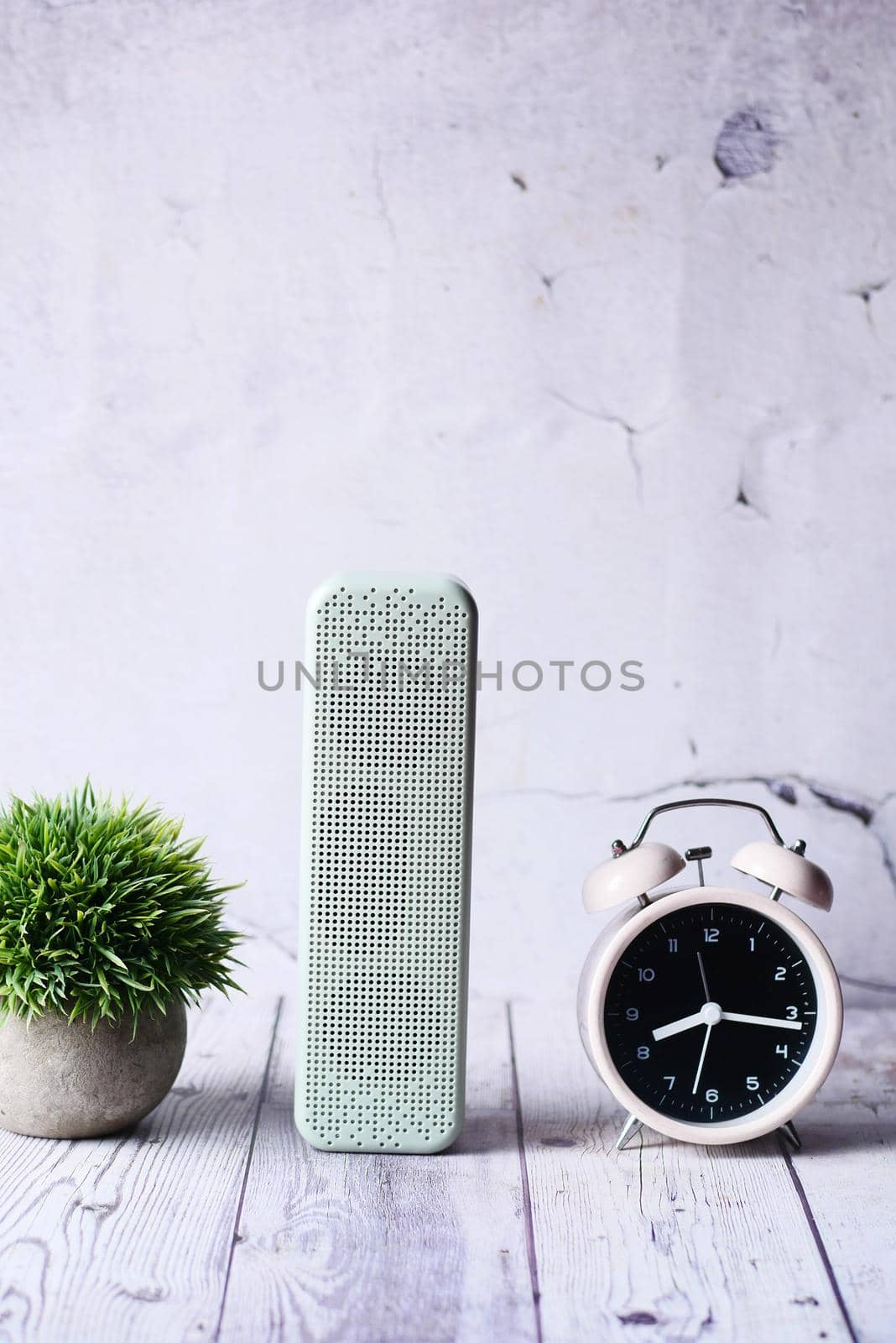 smart speaker and keyboard with copy space on white background.