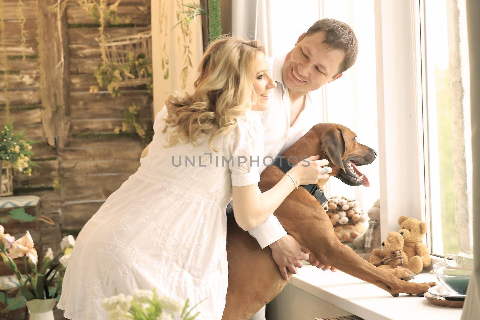 husband, pregnant wife and a dog looking into, big window