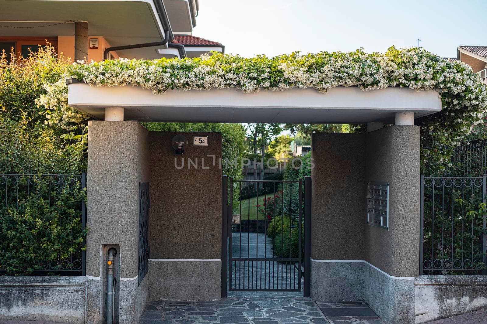 The front door to the house envelops jasmine flowers.