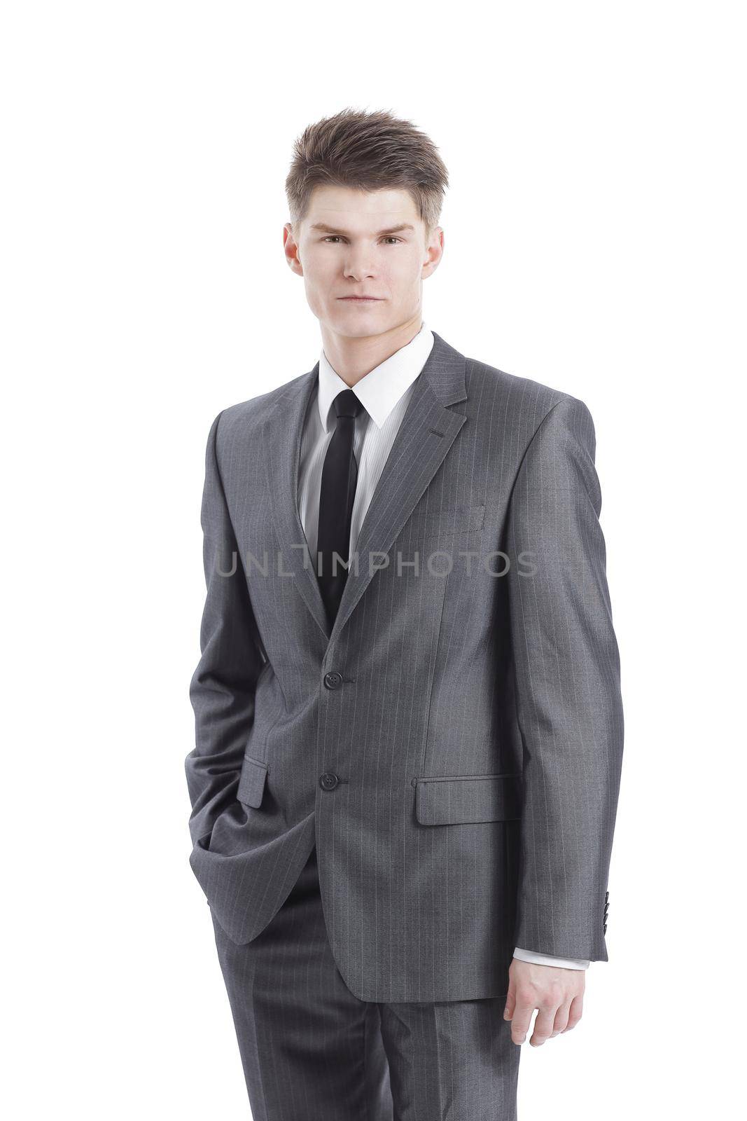 Half-length portrait of business man with crossed hands, isolated. Concept of leadership and success
