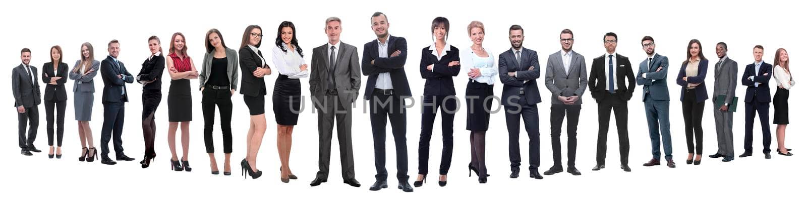 in full growth.boss and his business team standing together. isolated on white background.