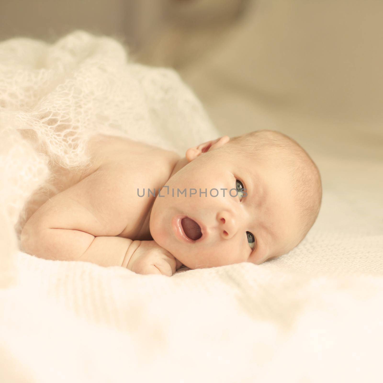 portrait of a newborn baby in the parents ' bed.the photo has a empty space for your text