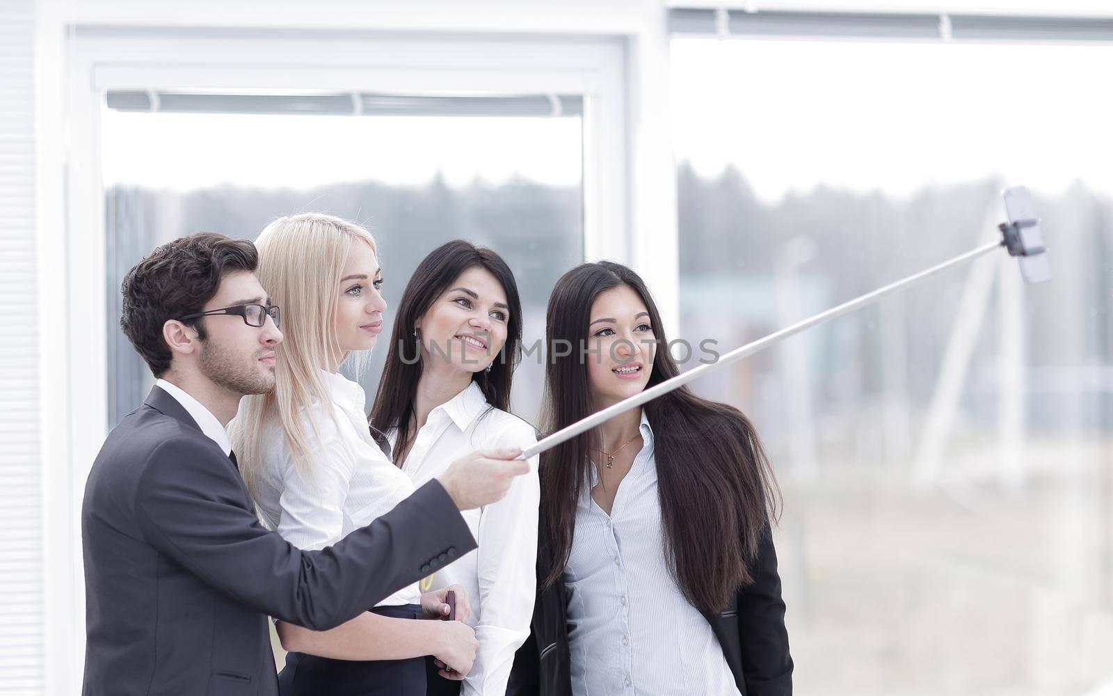 Group of Business People Enjoy Taking Selfie with Team Work after Meeting in Office.photo with copy space