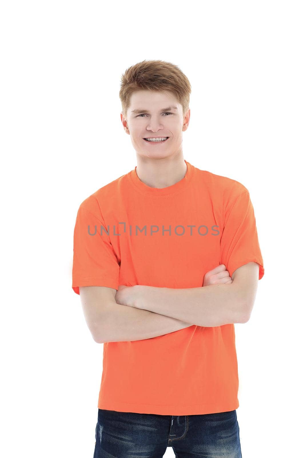 smiling modern guy in an orange shirt.isolated on a white background