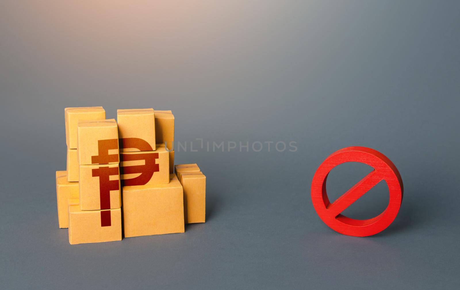 Philippine peso goods boxes and prohibition symbol NO. Ban on import goods. Impossibility of transportation. Sanctions and embargoes. Shortage of goods. Confiscation of contraband. Trade wars.