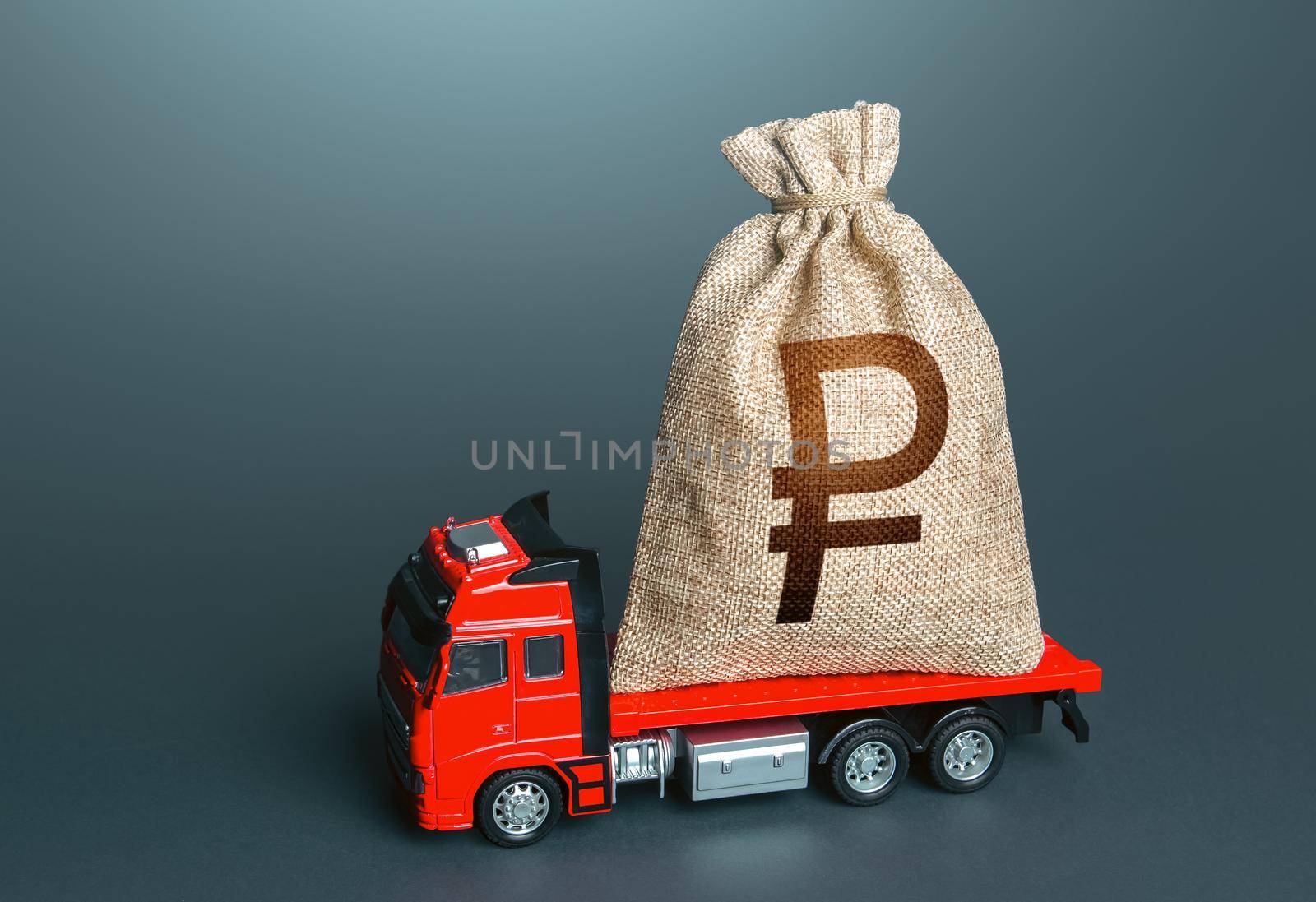 Truck with a russian ruble money bag. Financial aid, investments and subsidies. Compensation. High super income. Payment of taxes. Cash collection. Money transfers and transactions. Loan or deposit. by iLixe48