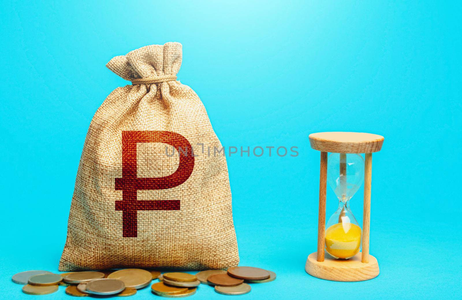 Russian ruble money bag and hourglass. Time for paying taxes. Pension savings. Customer loyalty program. Mortgage loan. Placing a deposit in the bank. Profitability and return on investment.