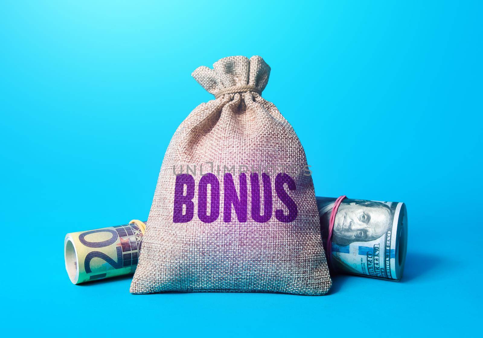 Money bag with word bonus. Rewarding employees with financial benefits. Receive rewards and preferences. Salary increase, promotions at work. Favorable purchase and special offers.