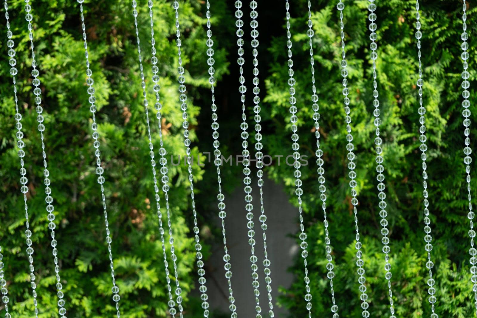 Decoration with transparent beads on a background of blurred greenery.