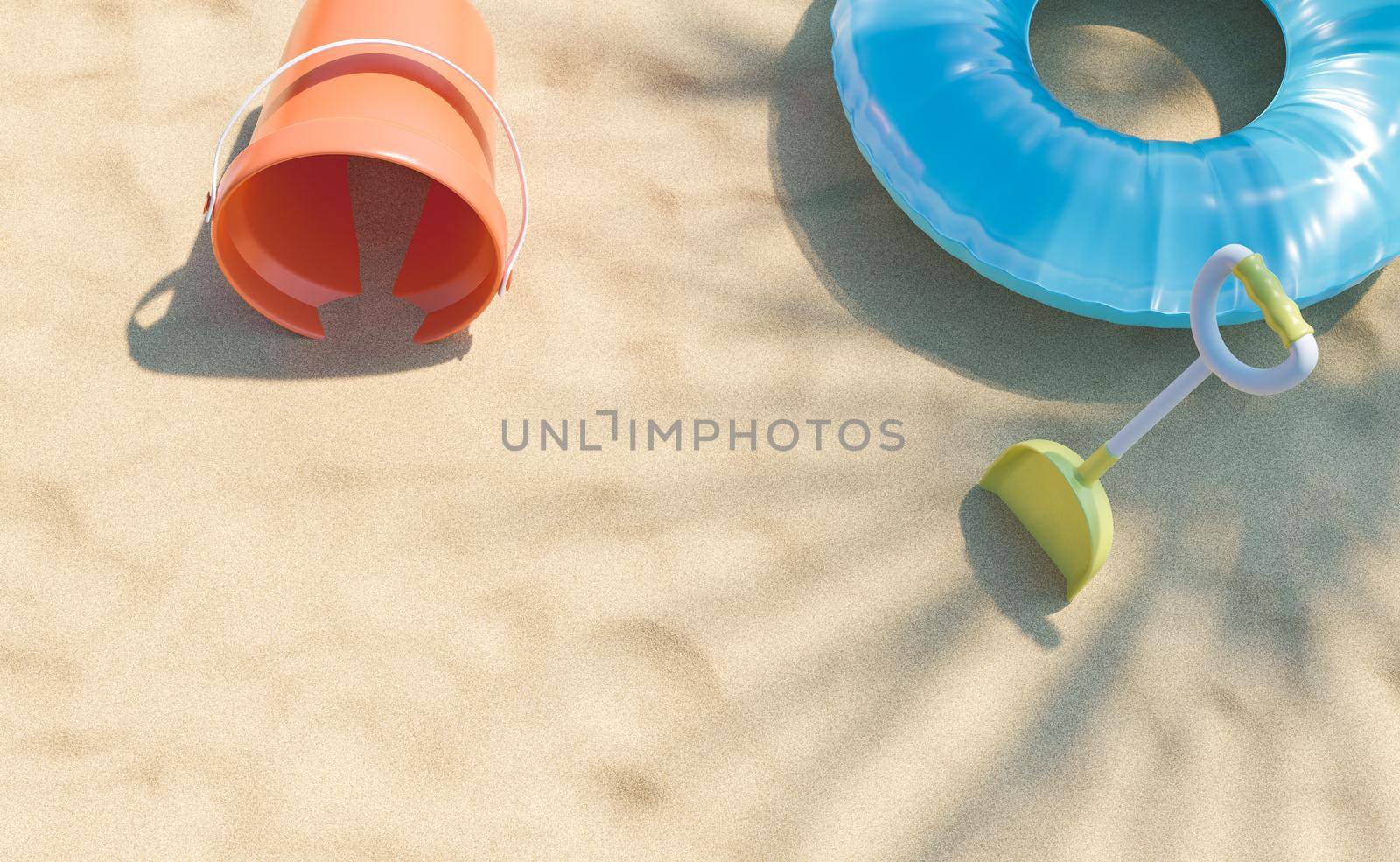 close-up of sand bucket and shovel with inflatable ring on beach sand with palm tree shadow. 3d rendering