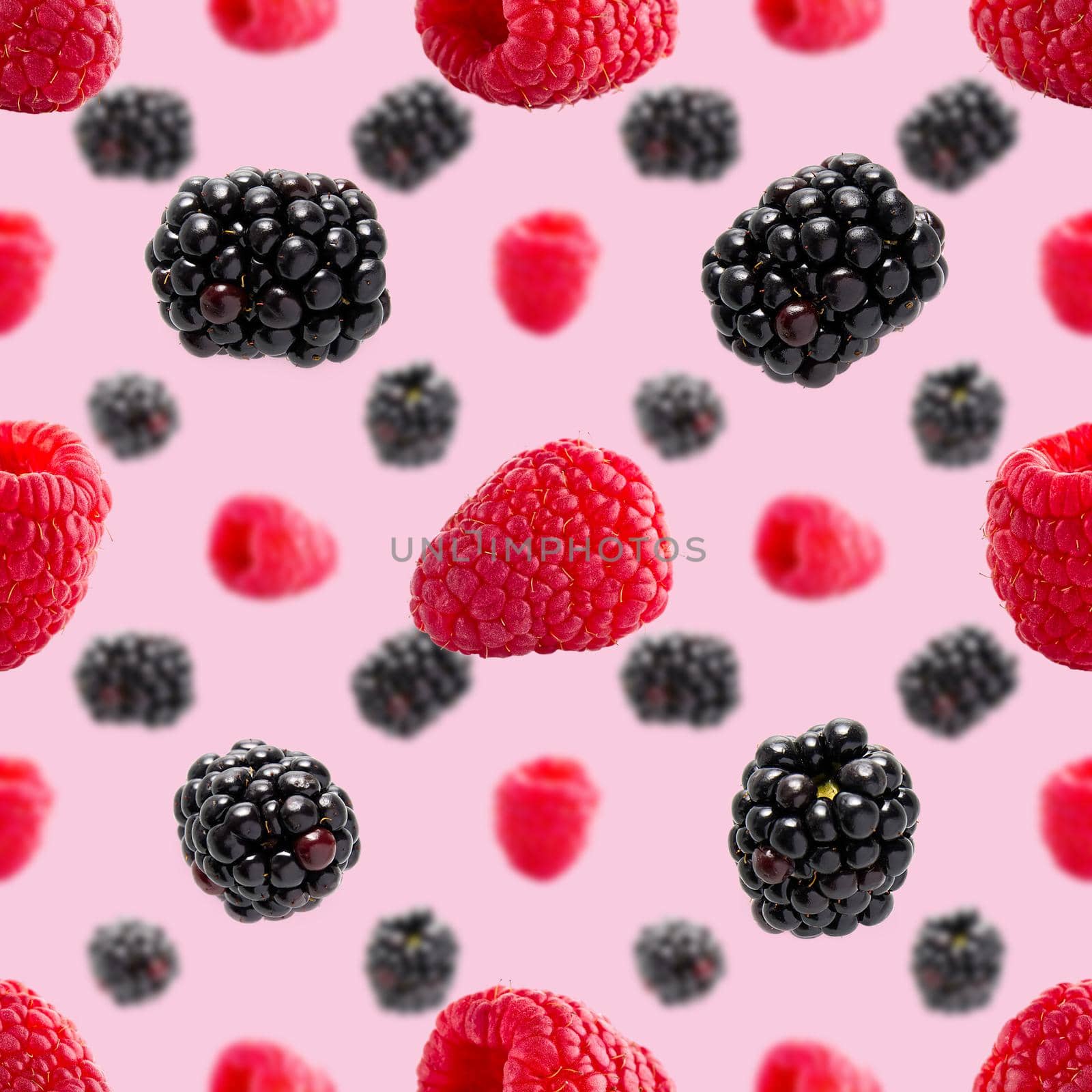Seamless pattern with ripe raspberry and bramble. Berries abstract background. Raspberry and bramble pattern for package design with pink background.