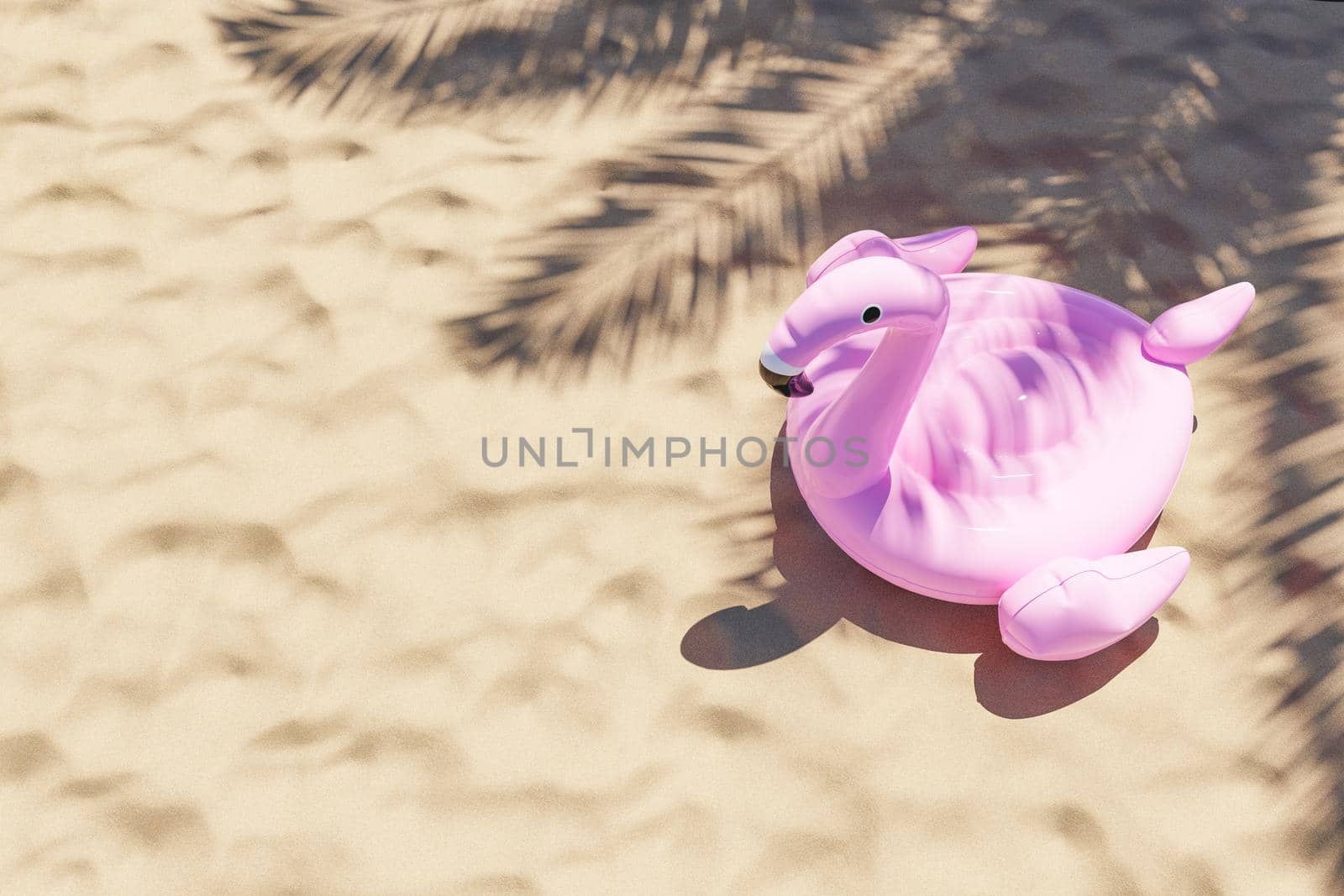 flamingo float on beach sand with ripples and palm leaves shadow on a sunny day. 3d rendering