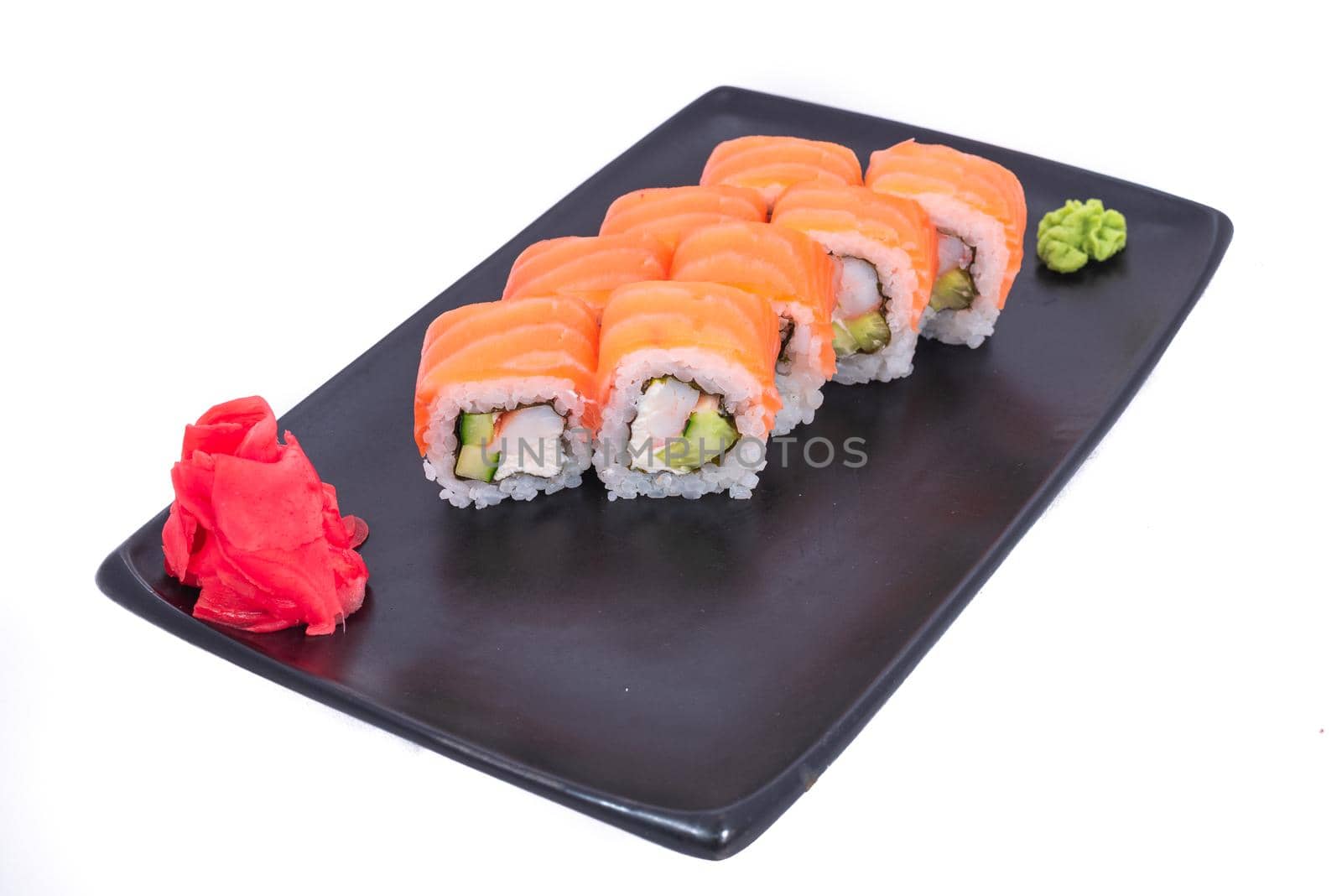 Japanese seafood Sushi roll isolated on white close up. Japanese food restaurant, sushi maki gunkan roll plate or platter set. Maki Sushi rolls with salmon and avocado. Sushi isolated at white background. flat lay. Japanese Cuisine - Sushi Roll with Shrimps and Conger, Avocado, Tobiko and Cheese. sushi rolls tempura,japanese food style ,Traditional Japanese cuisine, Crunchy Shrimp Tempura Roll by Andrii_Ko