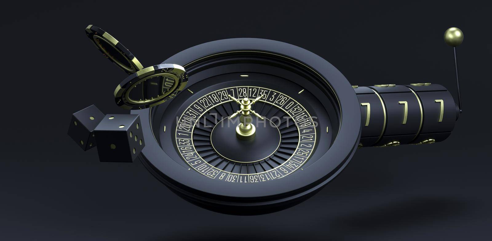 Casino background. Luxury Casino roulette wheel on black background. Online casino theme. Close-up white casino roulette with a ball, chips and dice. Poker game table. 3d rendering illustration