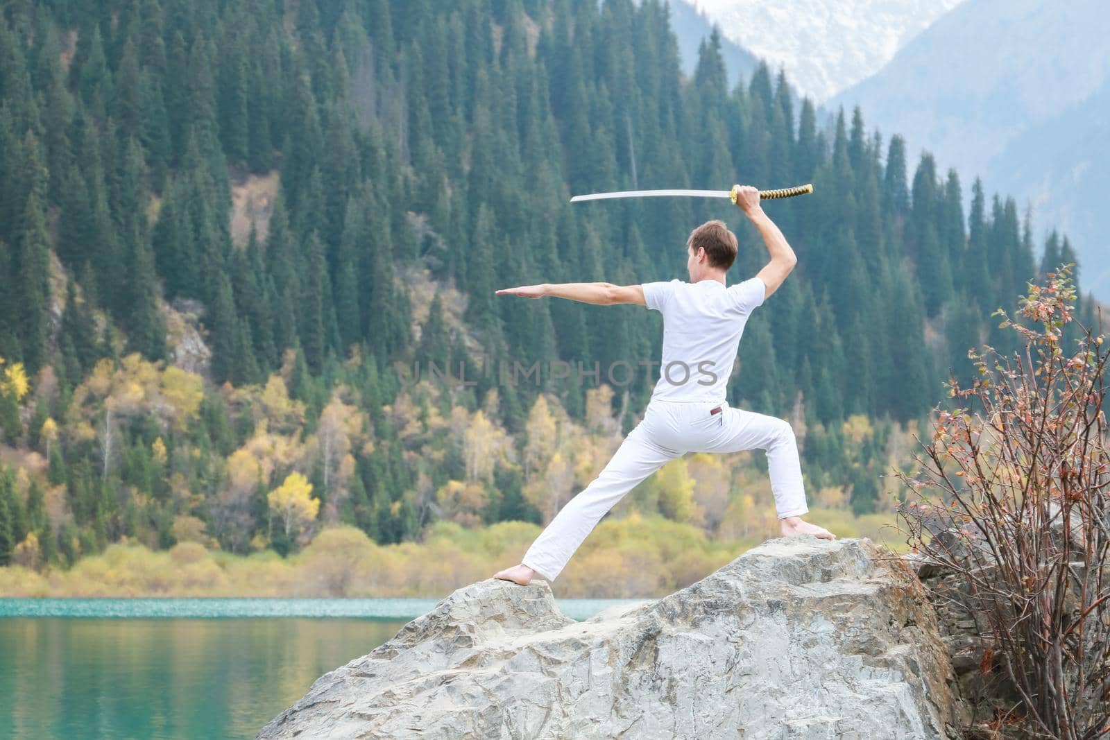 A man with a Japanese sword took up a fighting stance. Training in the mountains.