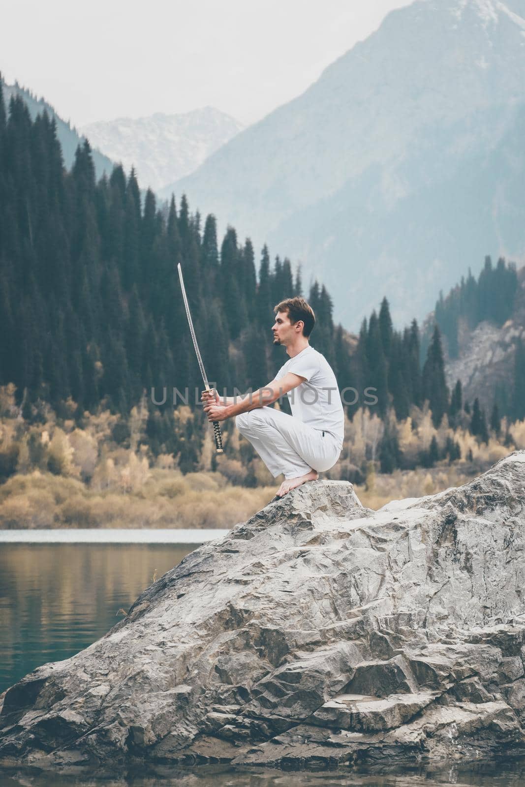 A man with a beard lowered his battle sword. Male defeat.