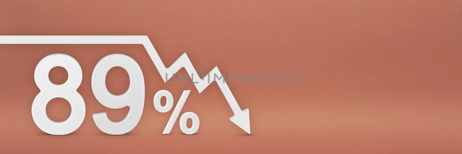 eighty-nine percent, the arrow on the graph is pointing down. Stock market crash, bear market, inflation.Economic collapse, collapse of stocks.3d banner,89 percent discount sign on a red background