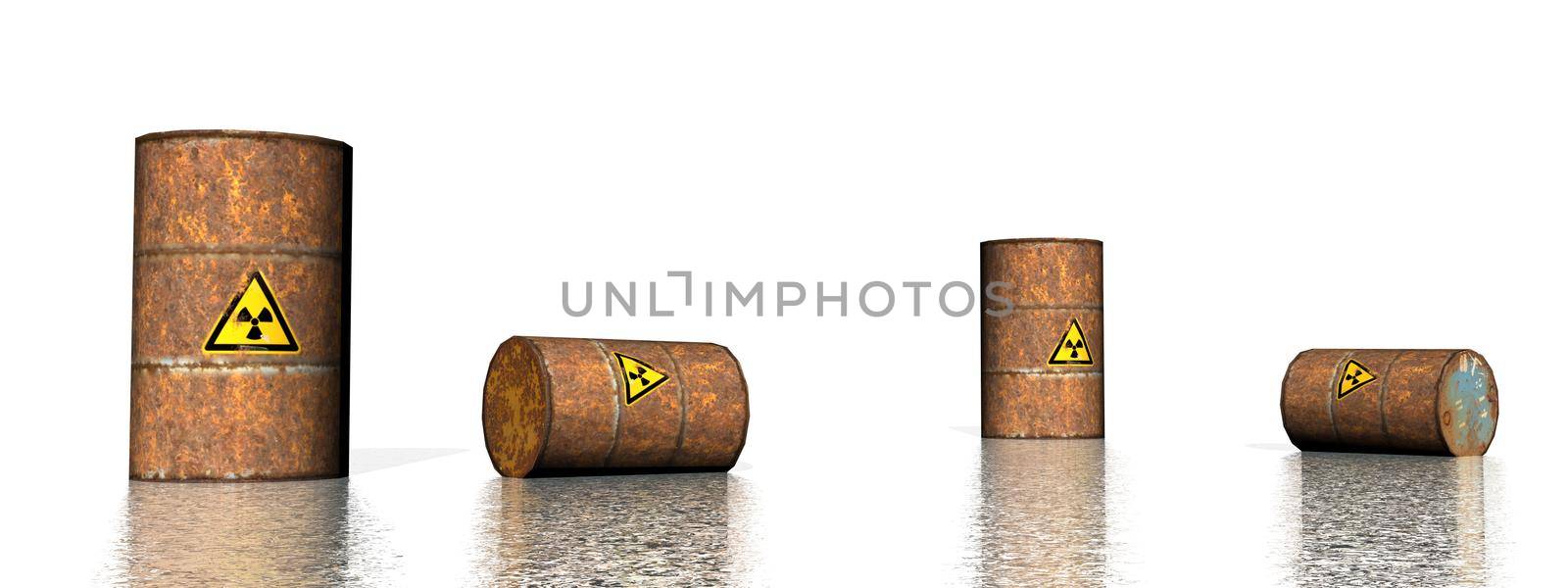 Four rusty toxic logo barrels in white background - 3D render