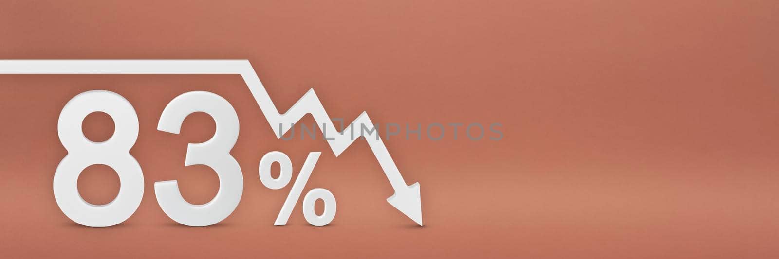 eighty-three percent, the arrow on the graph is pointing down. Stock market crash, bear market, inflation.Economic collapse, collapse of stocks.3d banner,83 percent discount sign on a red background