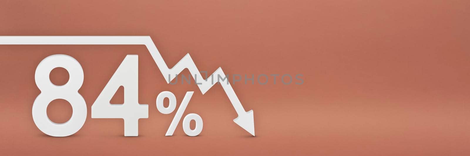 eighty-four percent, the arrow on the graph is pointing down. Stock market crash, bear market, inflation.Economic collapse, collapse of stocks.3d banner,84 percent discount sign on a red background. by SERSOL