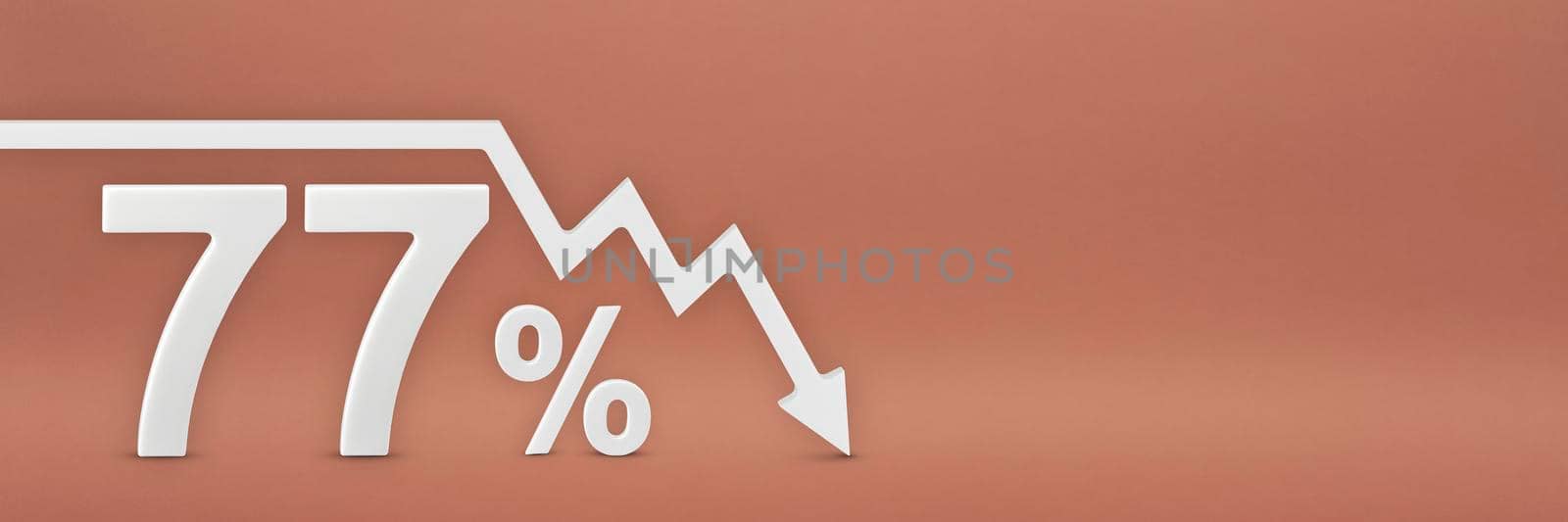 seventy-seven percent, the arrow on the graph is pointing down. Stock market crash, bear market, inflation.Economic collapse, collapse of stocks.3d banner,77 percent discount sign on a red background