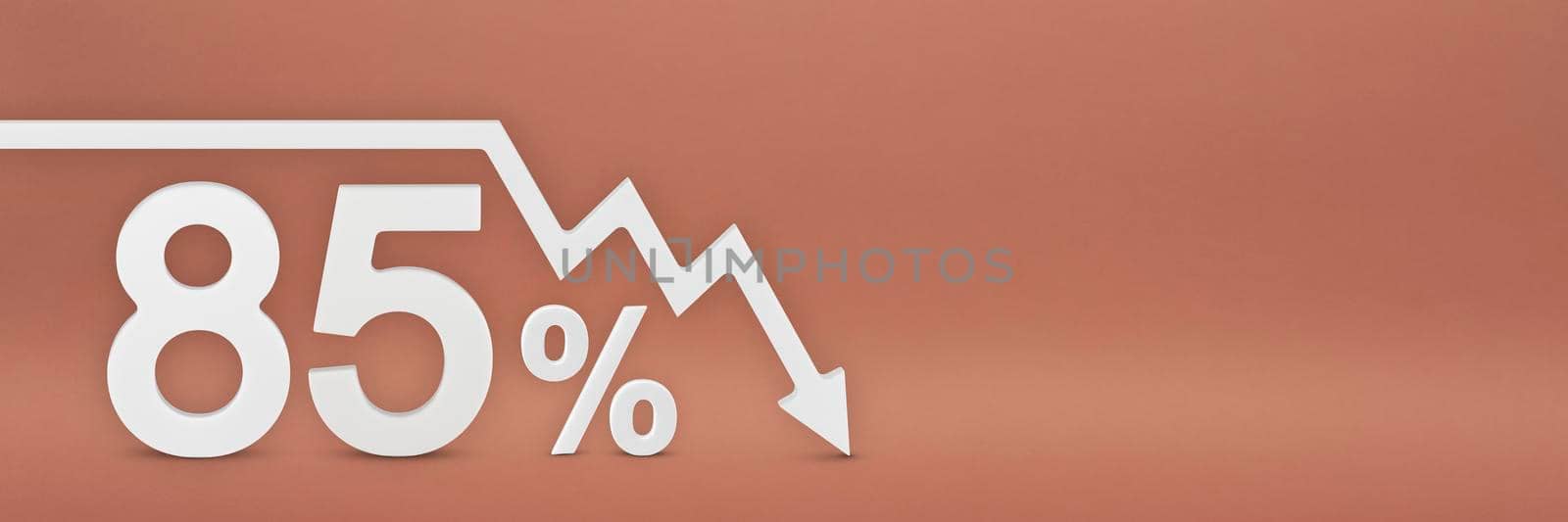 eighty-five percent, the arrow on the graph is pointing down. Stock market crash, bear market, inflation.Economic collapse, collapse of stocks.3d banner,85 percent discount sign on a red background