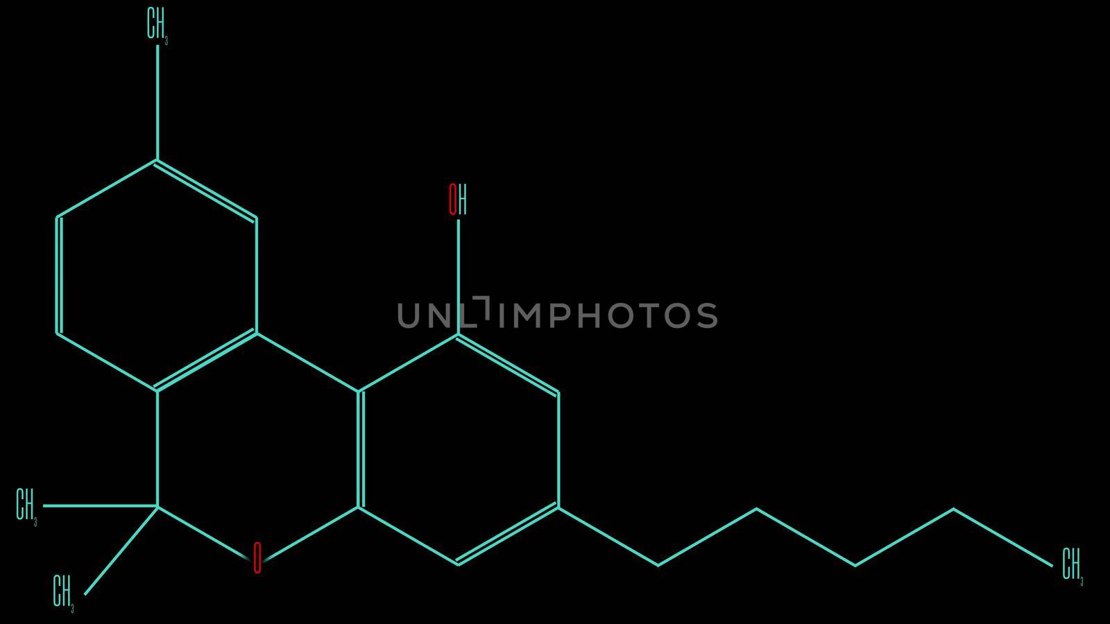Structural formula of the cannabinol molecule. Black background