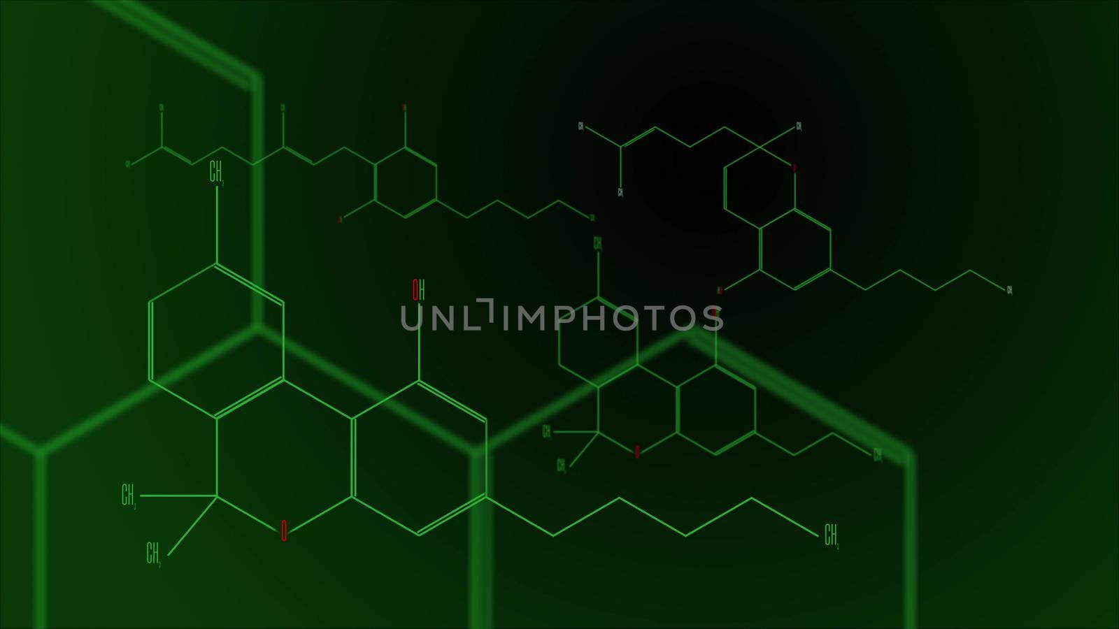 A group of cannabinoid molecules. Black and green gradient background