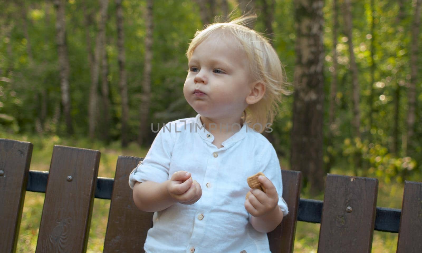 Close up portrait shot of funny toddler standing on the bench and eating cookies