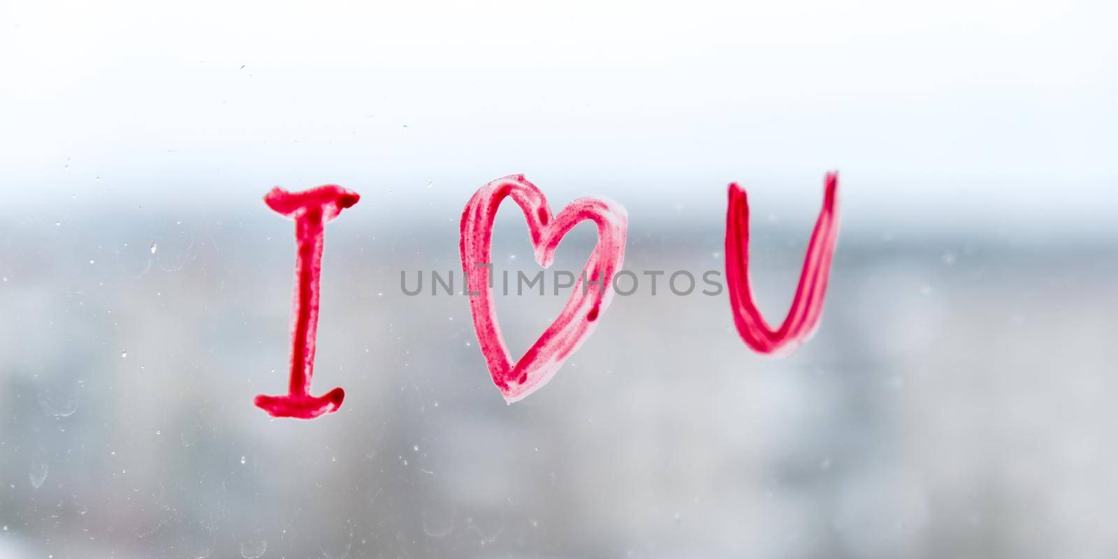 Red heart I LOVE YOU drawn on a window, stay home, quarantine leisure, let's all be well, Valentines day, Love, Romance