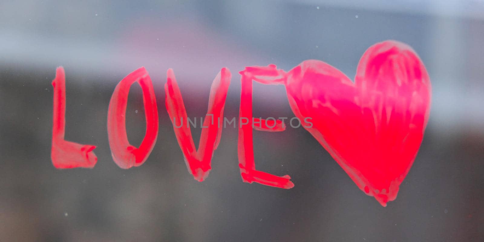 Red heart LOVE on a window, stay home, quarantine leisure, let's all be well, Valentines day, Love, Romance