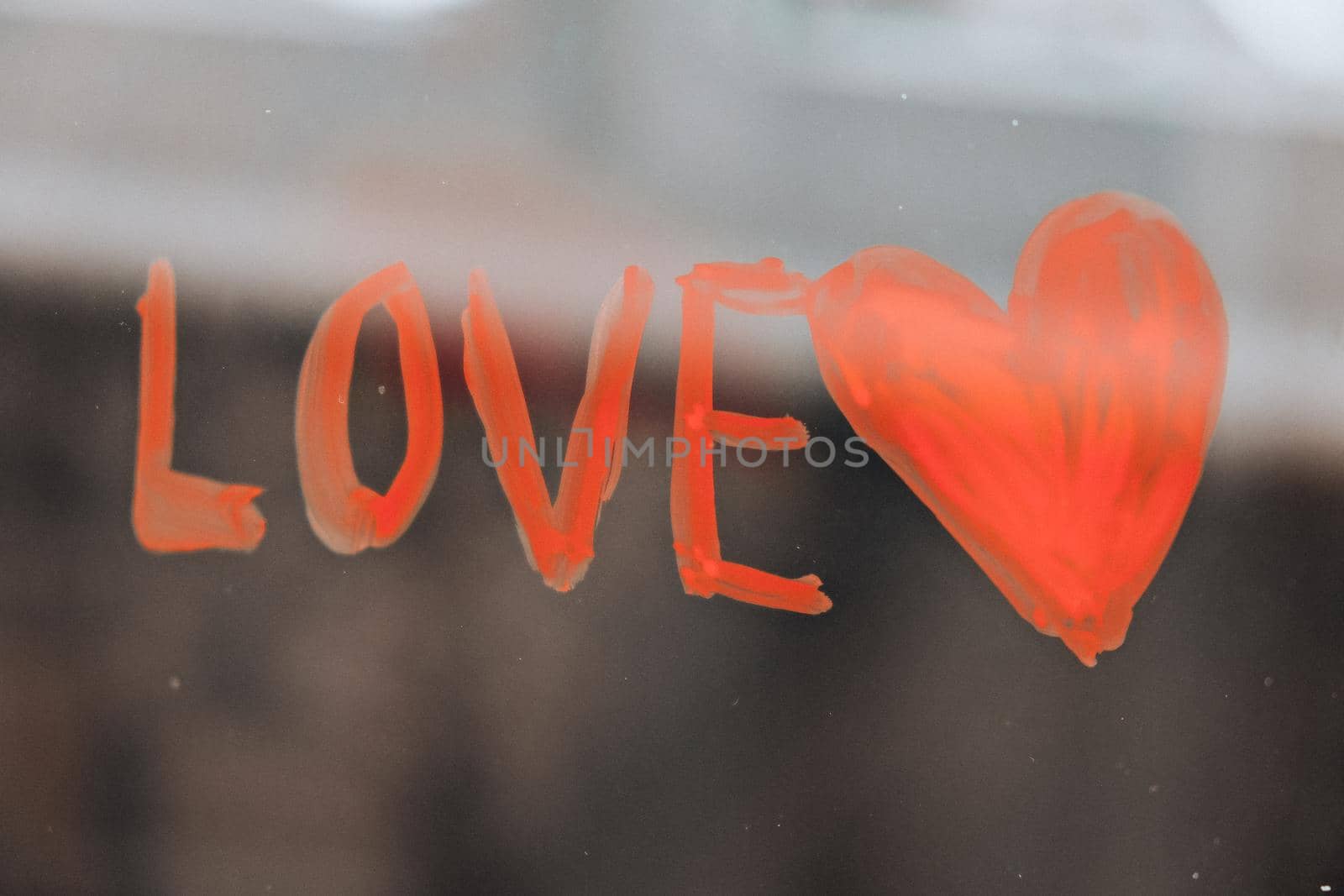 Red heart LOVE on a window, stay home, quarantine leisure, let's all be well, Valentines day, Love, Romance