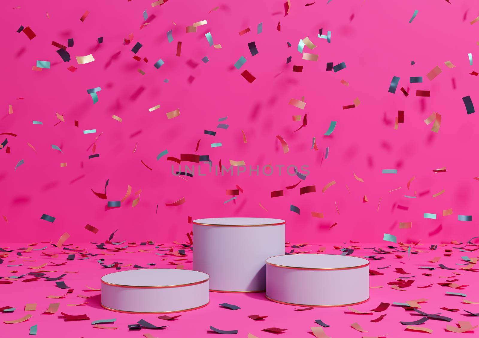 Bright magenta, neon pink 3D rendering product display three podiums stands with colorful confetti celebration anniversary advertising and golden lines for luxury products simple, minimal background by Upite