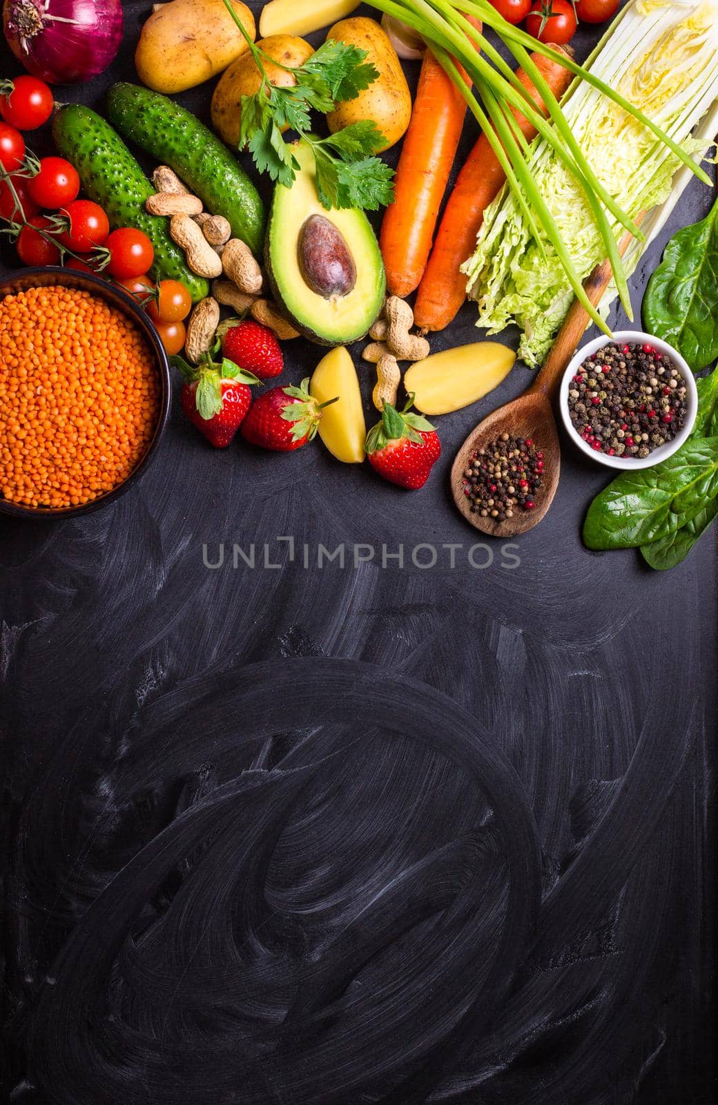 Food frame with vegetables, fruits and beans by its_al_dente