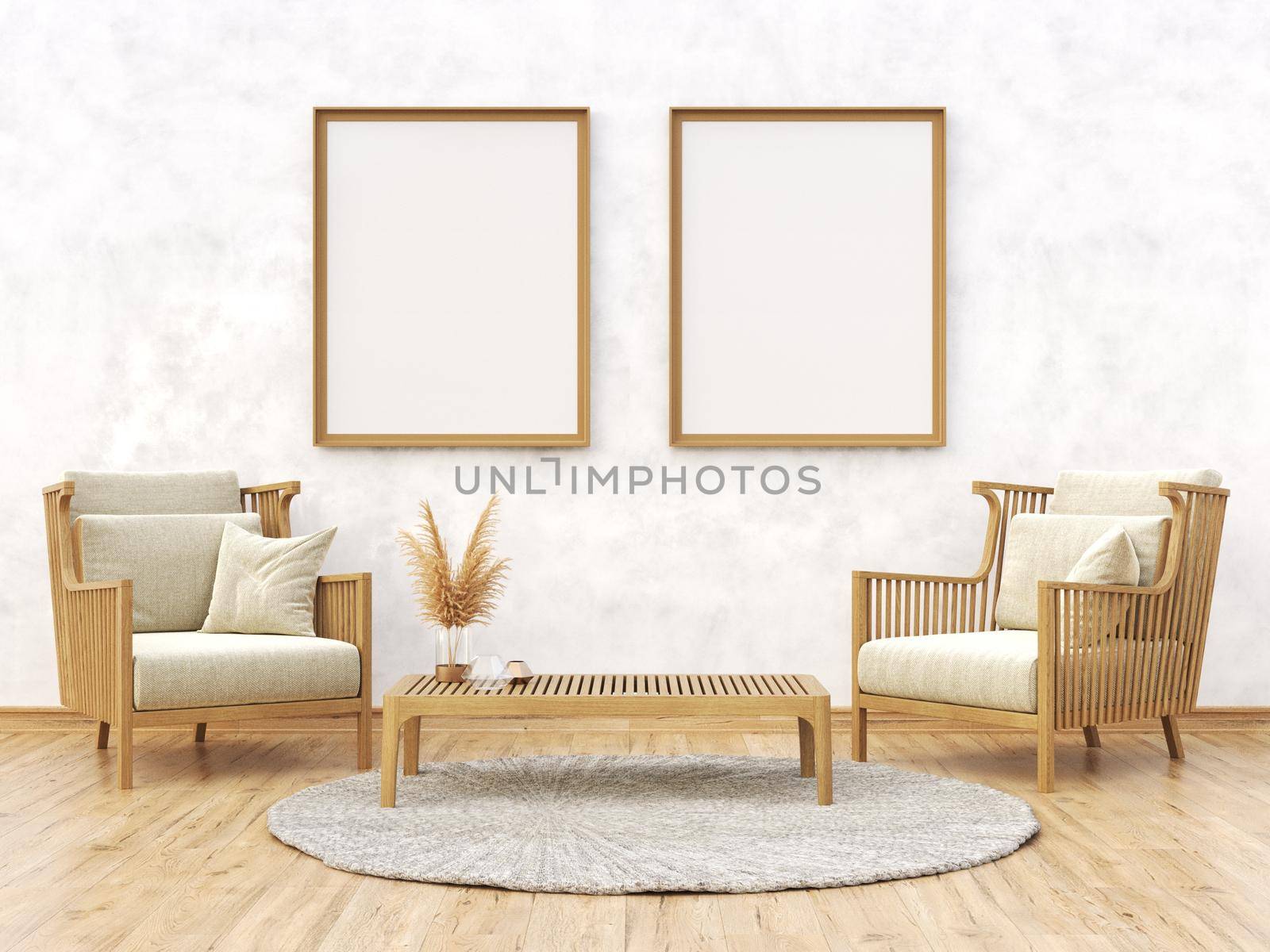 Mock up poster frames with two wooden armchairs in modern interior background 3D render 3D illustration