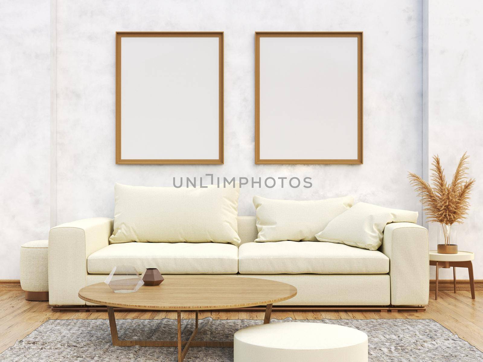 Mock up poster two blank frames with classic sofa in modern interior background 3D render 3D illustration