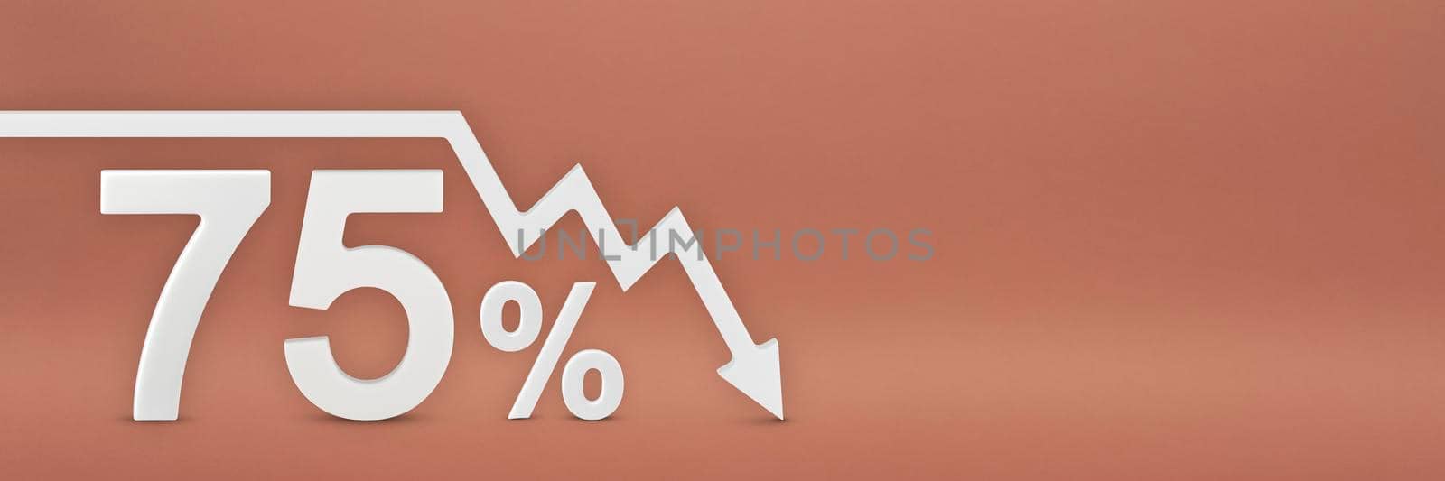 seventy-five percent, the arrow on the graph is pointing down. Stock market crash, bear market, inflation.Economic collapse, collapse of stocks.3d banner,75 percent discount sign on a red background