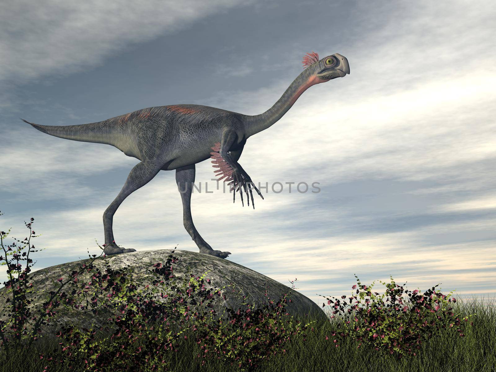 Gigantoraptor dinosaur walking in the desert by day - 3D render