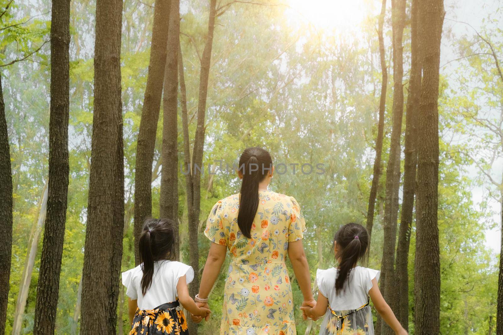 Rear view of young mother walking with children in the park. Two lovely daughters are having fun and enjoying nature with her mother in the spring garden. Happy family having fun in the park.