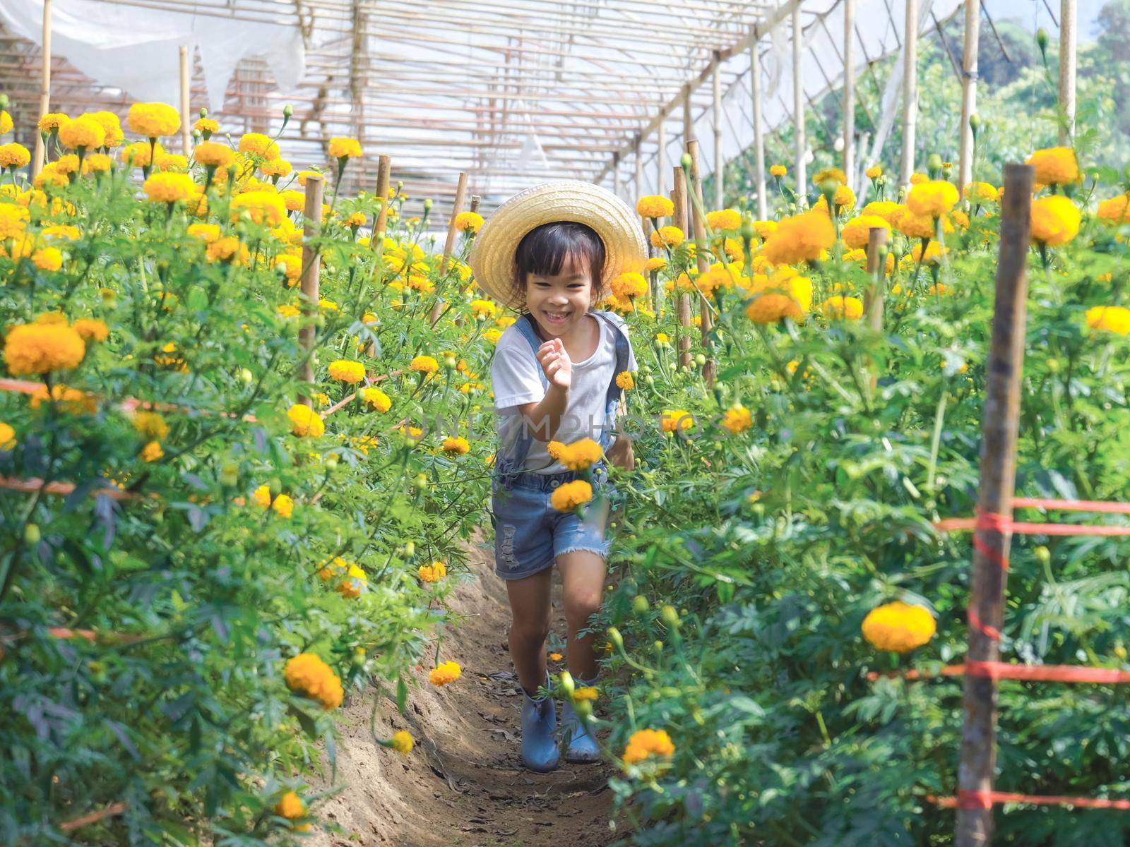 Little girl wearing a hat helps her mother in the marigold garden, a little gardener. Cute girl playing in a beautiful flower garden.