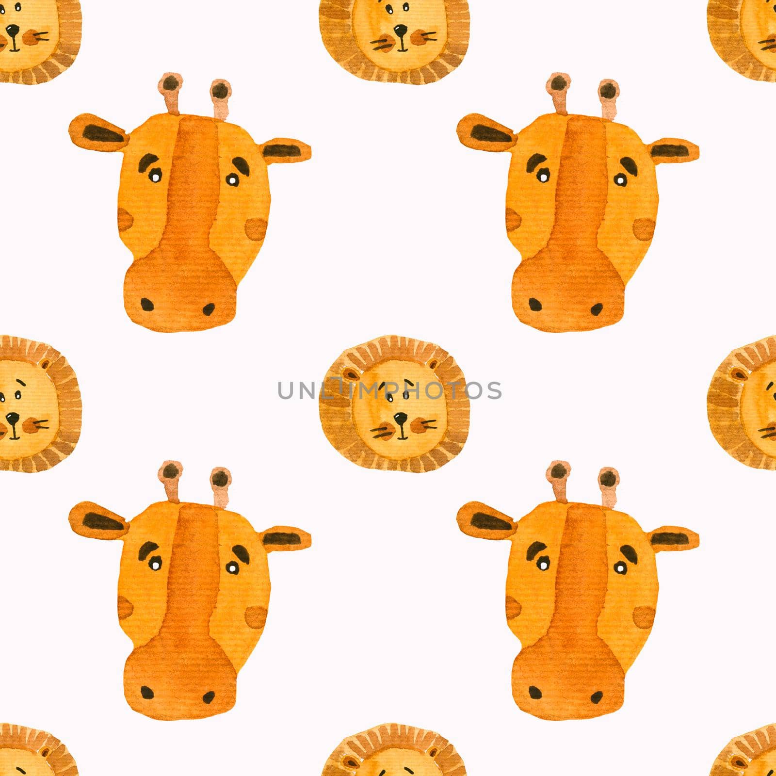 Seamless watercolor pattern of round lion and giraffe muzzles. Cute funny pattern for kids in orange.