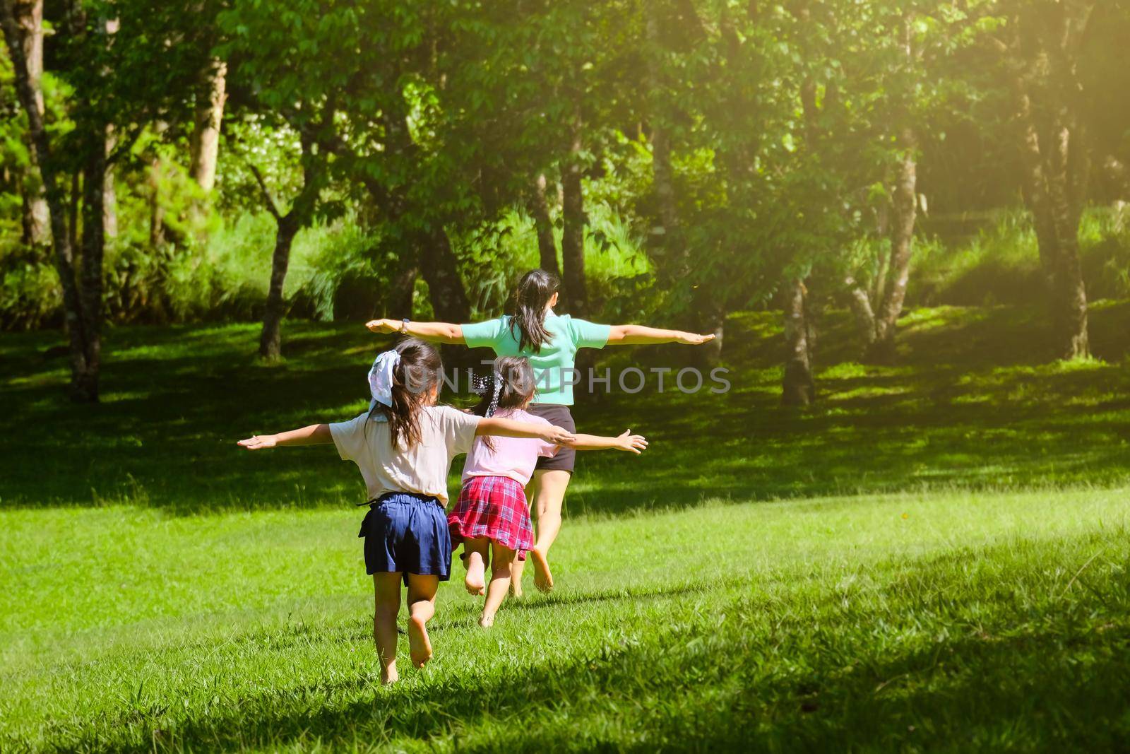 Two lovely daughters running with their mother spreading their arms as if flying in a spring garden. Rear view of young mother playing with children in the park. Happy family having fun in the park.