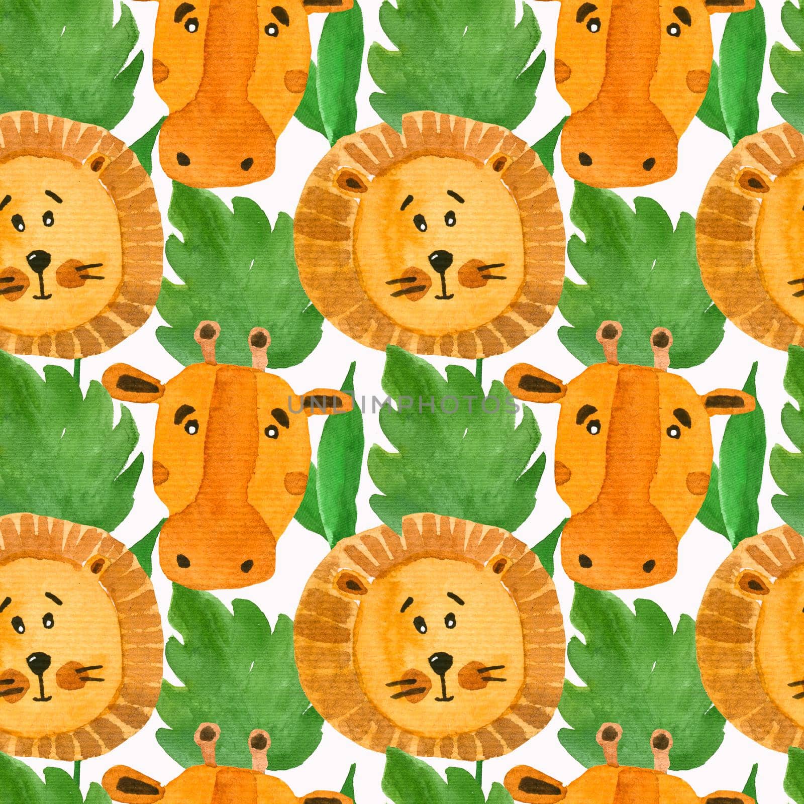 Watercolor safari animals seamless pattern. Floral seamless background. Watercolor african animals for kids. Jungle baby animals.