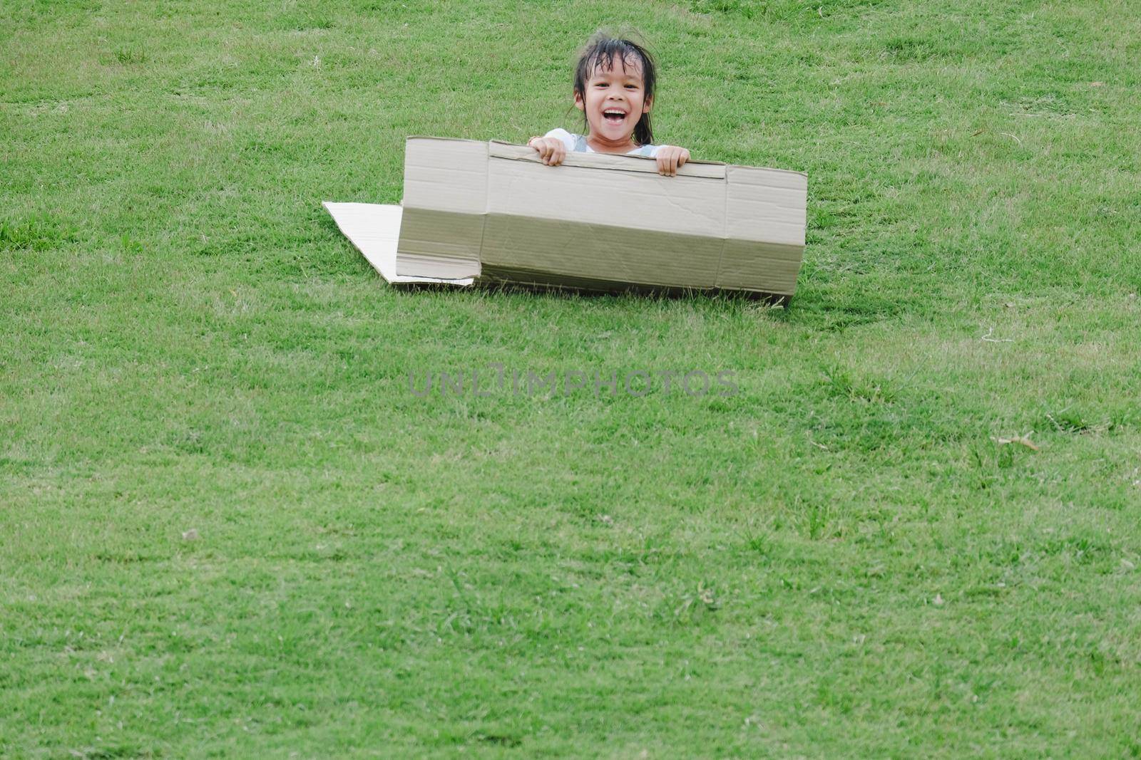 Smiling little girl sits on a cardboard box sliding down a hill at a botanical garden. The famous outdoor learning center of Mae Moh Mine Park, Lampang, Thailand. Happy childhood concept. by TEERASAK