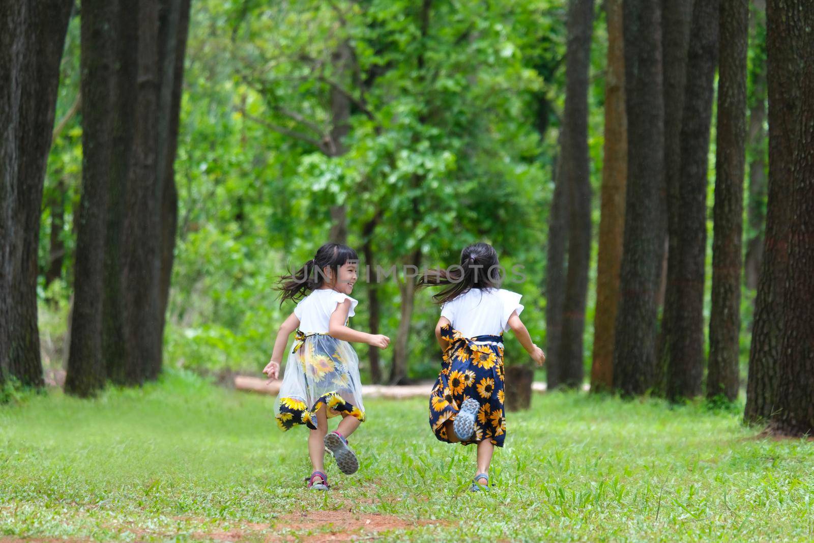 Happy children playing on the green grass in the spring garden. Two little sisters are running on a meadow in a summer park. by TEERASAK
